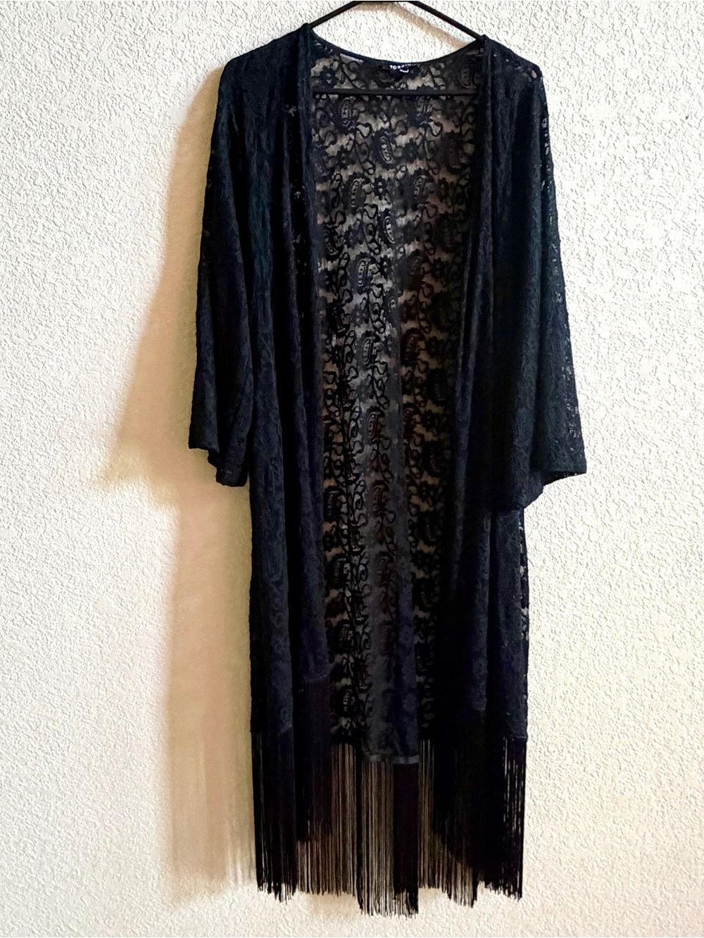 Torrid Women’s Size L Black Lace‎ Duster Cardigan Kimono With Fringe Whimsigoth